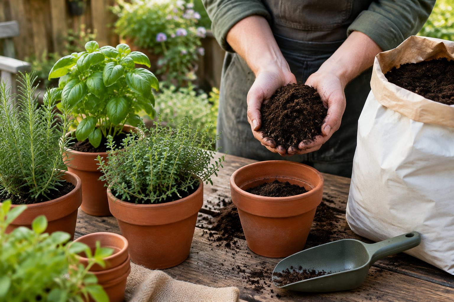 Hände mit Blumenerde an einem Pflanztisch – KI-generiertes Themenbild